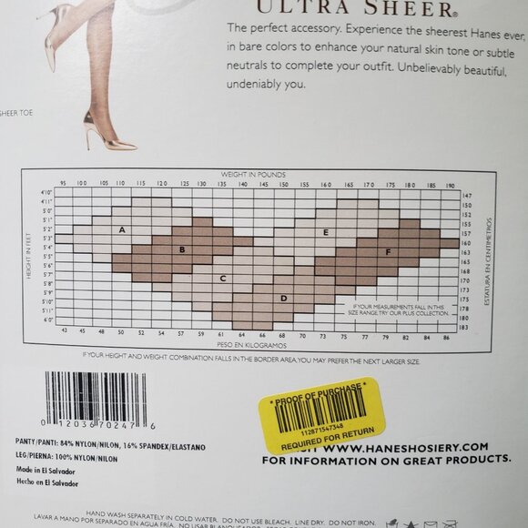 New Hanes‎ Absolutely Ultra Sheer Control Top Sheer Toe style 707 Sz E Natural - Picture 4 of 5